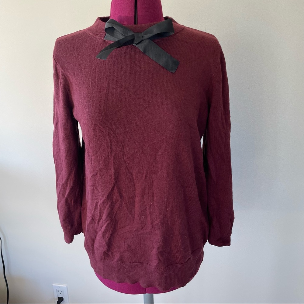 J. Crew Mercantile Maroon Berry Long-Sleeved Top Black Bow